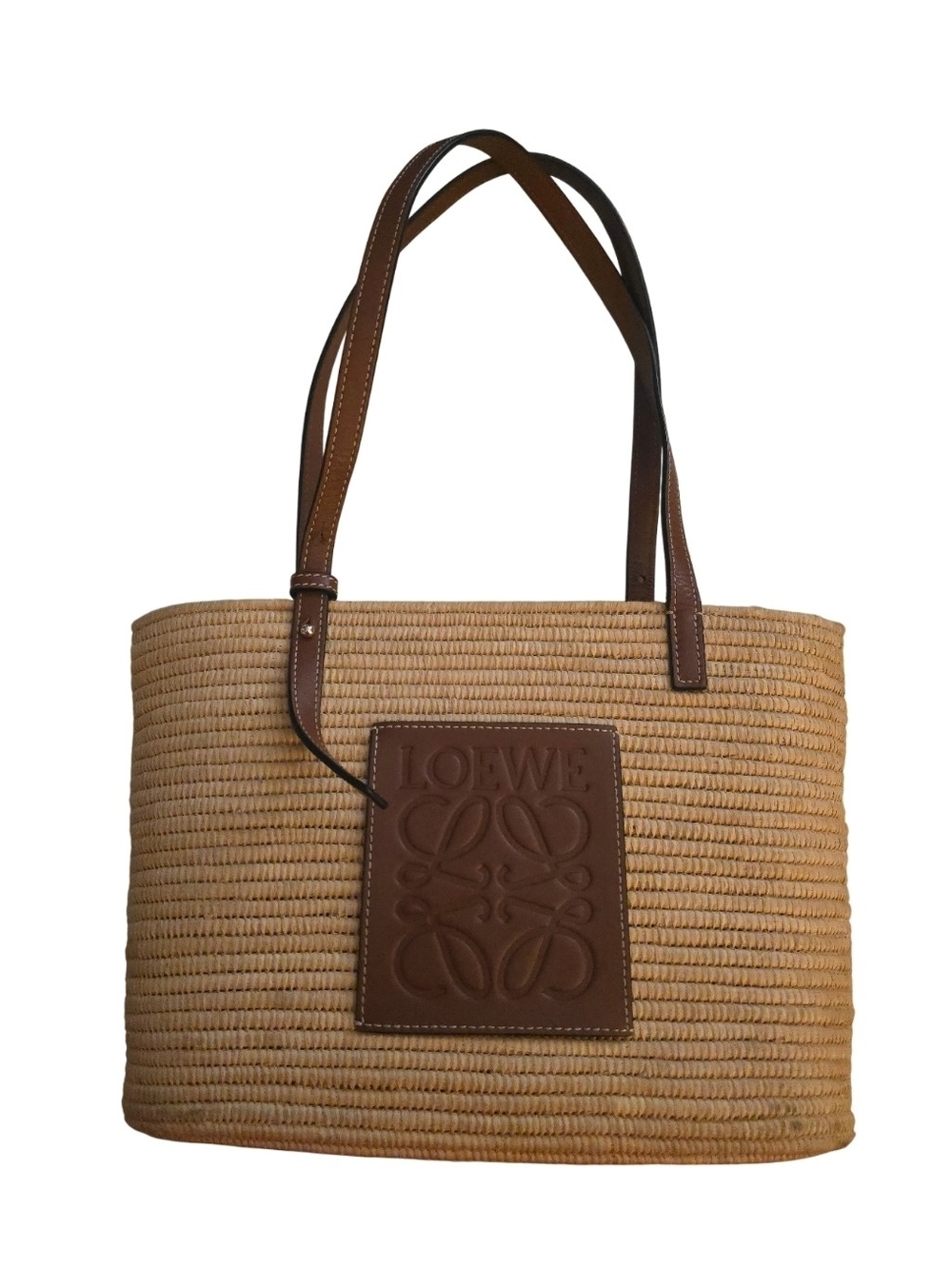 Loewe Tan Straw Tote with Brown Leather Trim and Embossed Logo